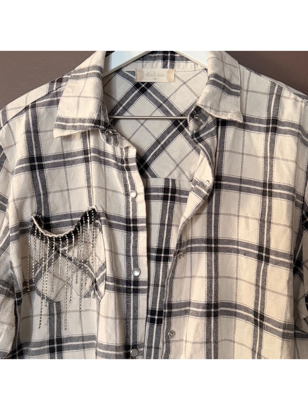Altar’d State Plaid button up with diamond pocket tassels Size XS